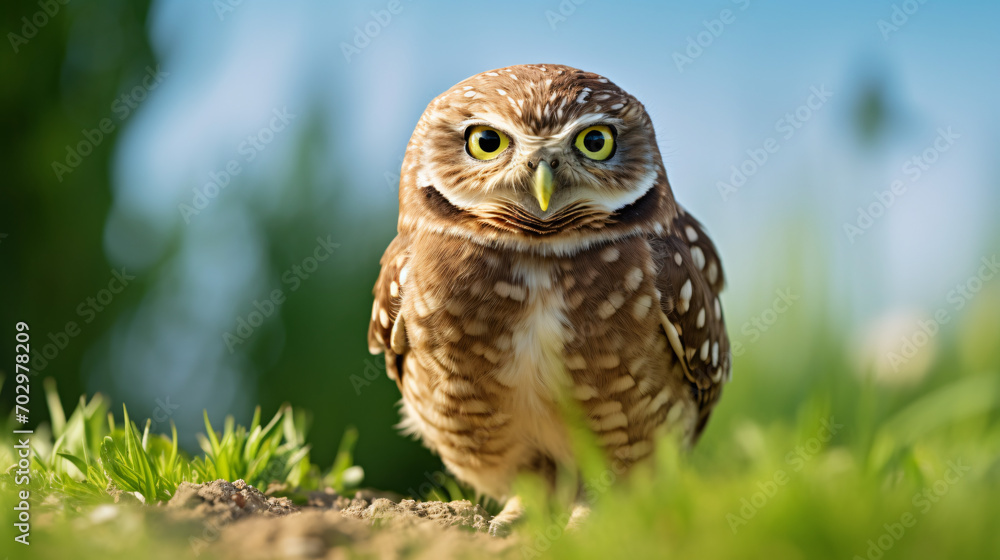 Burrowing owl on green grass