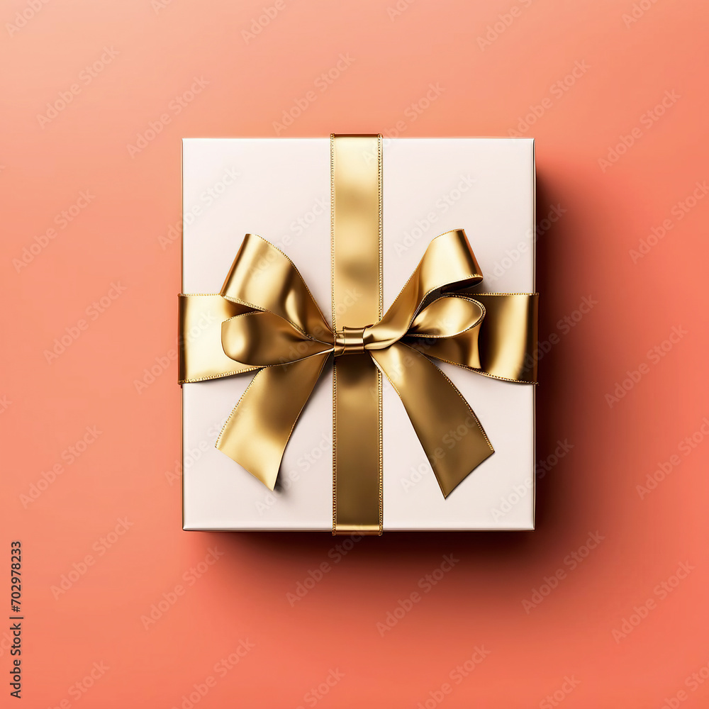 Gift or present box with gold ribbon on table top view. Valentine day festive background. Flat lay