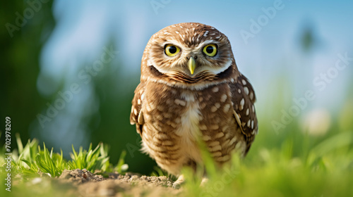 Burrowing owl on green grass