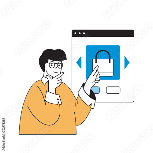 Delivery concept with cartoon people in flat design for web. Man shopping products in bags and ordering courier express shipping. Vector illustration for social media banner, marketing material.