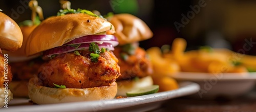 Indian fast food Vada Pav from Maharashtra with selective focus. photo