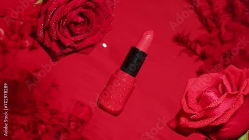 Lipstick on pink background top view close-up. Art composition of roses with waves of water. Cosmetology  photo