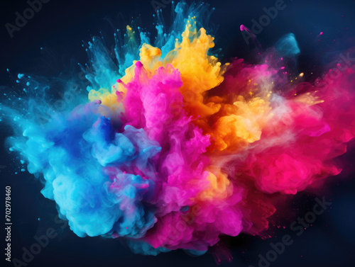 Vibrant colored powder explosion in closeup. Abstract dust on a backdrop with colorful bursts.