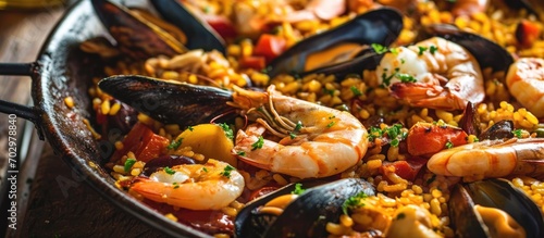 Delicious seafood and chicken paella in the Spanish style.