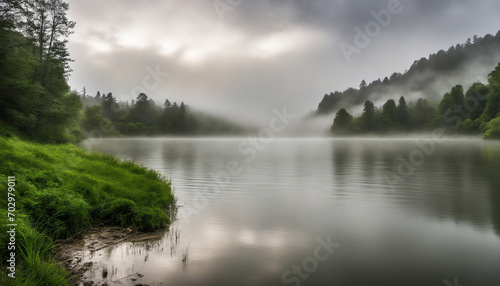 Serenity and beauty of a spring rainstorm in a tranquil lake surrounded by misty clouds and lush greenery, filled with the melodious songs of birds in a serene forest valley. © SR07XC3