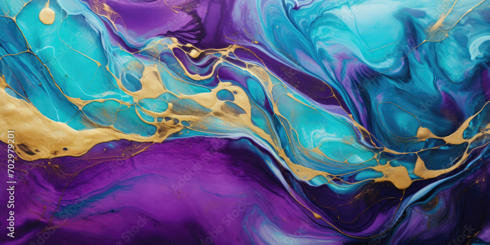 Abstract marble marbled stone ink liquid fluid painted painting texture luxury background banner - Purple turquoise swirls gold painted splashes lines illustration