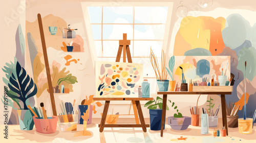 Artistic studio with various craft creators  bright paint splashes.