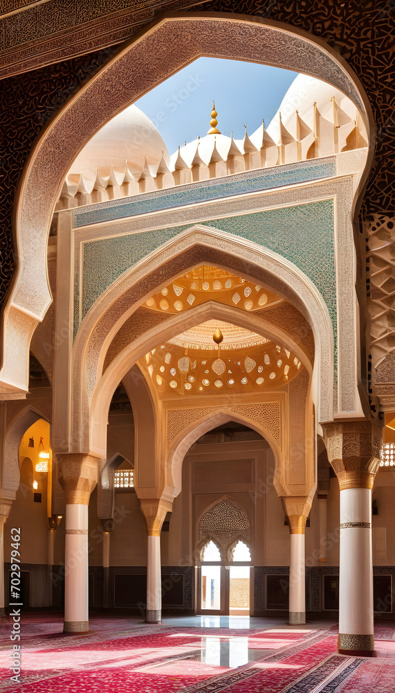 Interior of a beautiful islamic mosque with ornate archway. 
