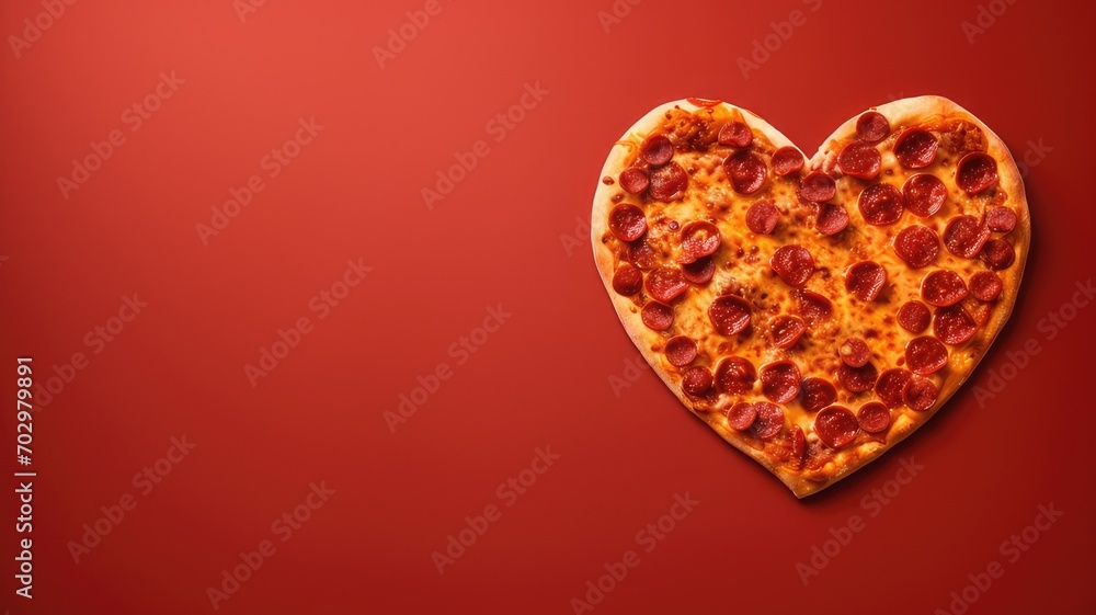 Pizza heart shaped and on red background . Concept of romantic love for Valentines Day.