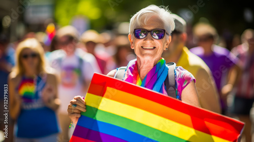 A bisexual senior woman holding a sign at an LGBT pride parade.