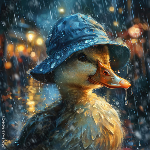 A cute duck wearing a blue hat in a rainy night. Illustration, Created with generative ai technology