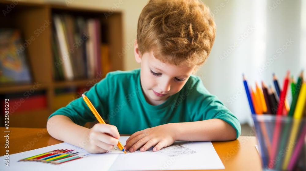 Pre-teen boy engages in art therapy with vibrant color pencils. Pre-teen boy engages in art therapy with vibrant color pencils.