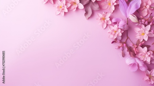 Beautiful pink flowers on pink background, top view, International Women's day background