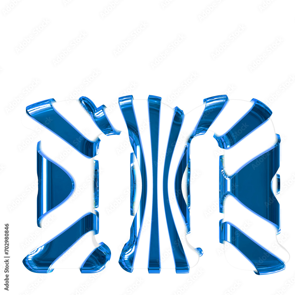 White symbol with blue thin straps. letter m White symbol with blue thin straps. letter m