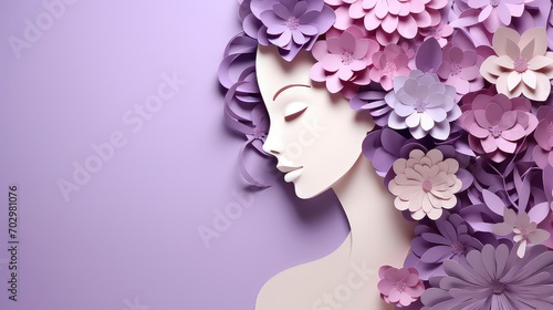 Paper art of beautiful woman face with purple flowers, International Woman's day background © Mr. Muzammil