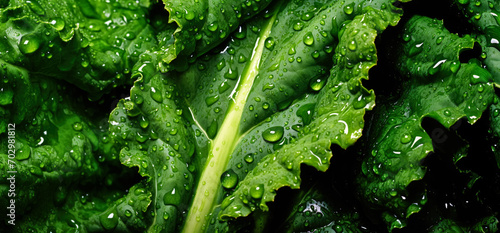 Fresh kale green leaves, with water drops over it, closeup macro detail. Generative AI photo