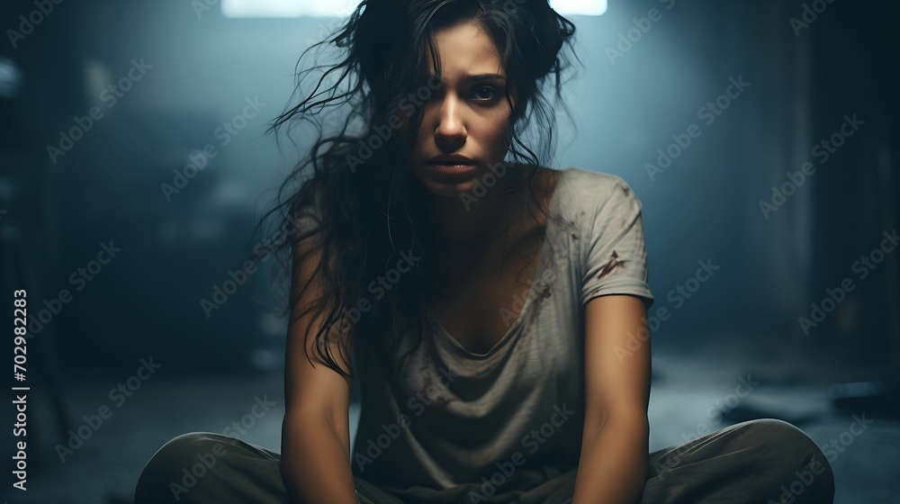Woman in depression with bewildered thoughts in her mind. Depression, loneliness and mental health concept. Woman in depression with bewildered thoughts in her mind. Depression, loneliness and mental health concept.