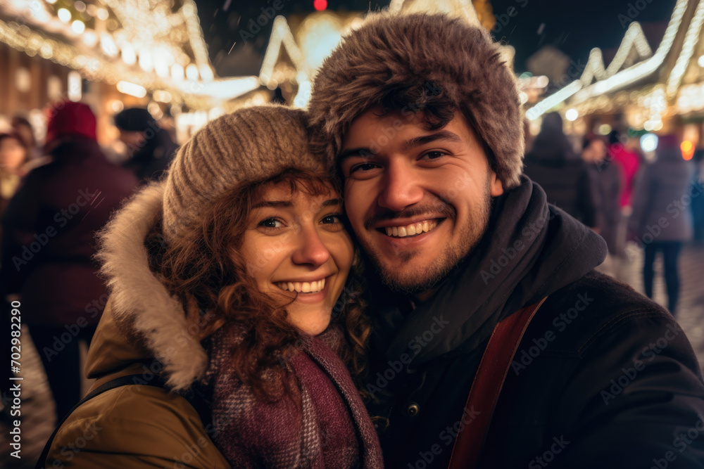 A young couple shares laughs and hot drinks at a Christmas market, immersed in the festive atmosphere with snowflakes all around.