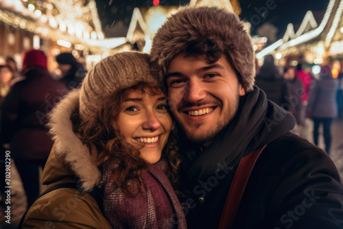 A young couple shares laughs and hot drinks at a Christmas market, immersed in the festive atmosphere with snowflakes all around.