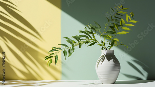 Soft Plant Shadows on Turquoise and Yellow Background Offering a Vibrant and Artistic Nature Display
