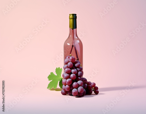 bottle of wine and grapes.Minimal creative food and drink concept.Copy space,top view.Generative AI