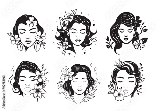 Girl with flowers in her hair logo set sketch drawn in hand-drawn graphic style Vector illustration