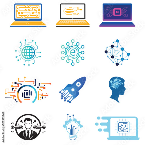 set of technology vector icons for logo elements, technology, tech, screen, intel, chip, motherboard, function, location, ai, artificial intelligence, cybersecurity, techie, techno, engineer
