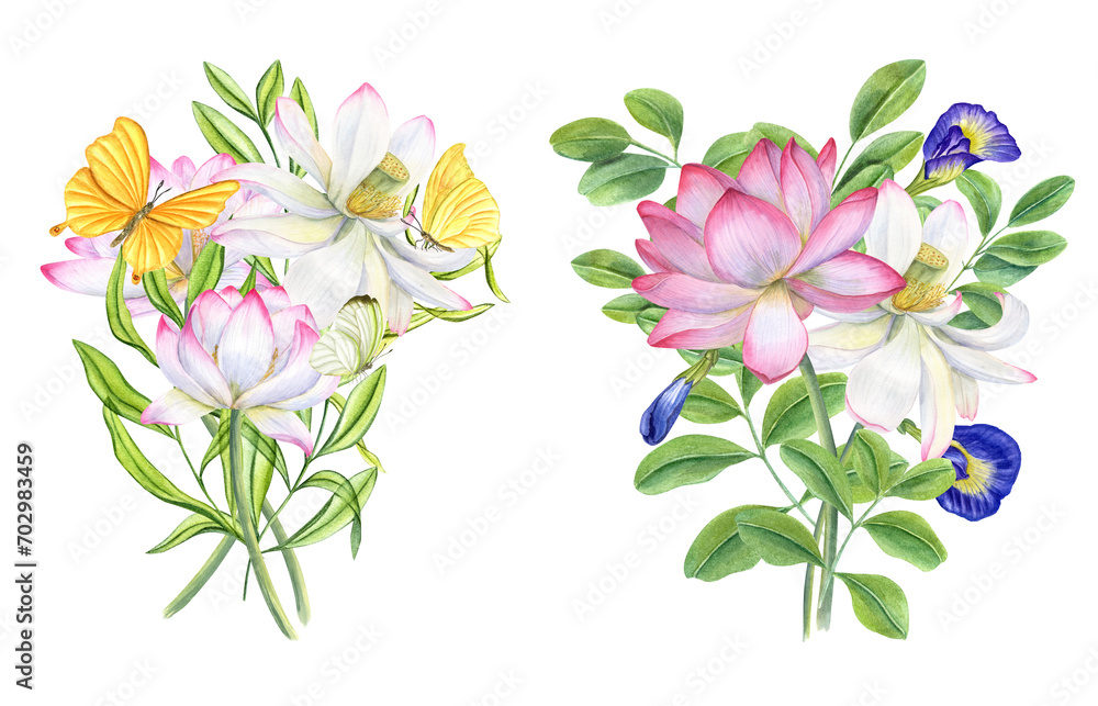 Bouquets of pink lotus flowers, blue clitoria ternatea, green leaves. Yellow butterflies fluttering around blooming waterlilies. Lotus, anchan. Bud, flower, leaf, stem. Watercolor illustration