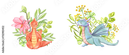 Dragons practicing fitness exercises among spring herbs. Blooming yellow  pink flowers  green young plants. Animal standing in triangle pose. Yoga. Watercolor illustration isolated on white.