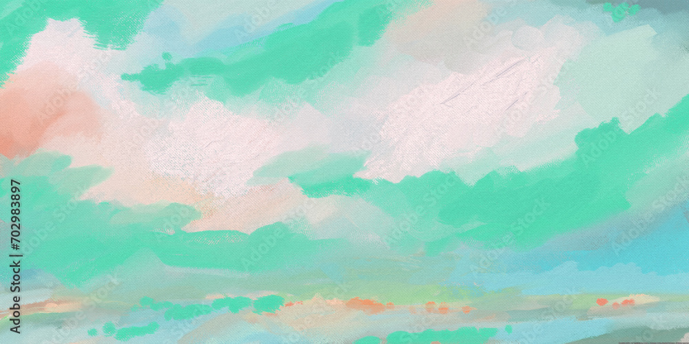 Impressionistic Long Seascape or Landscape of Clouds Over Lake or Sea Water with Cheerful, Bright Colors of Light Green, Orange & Light Blue Art, Artwork, Digital, Painting, Design, Illustrations, 