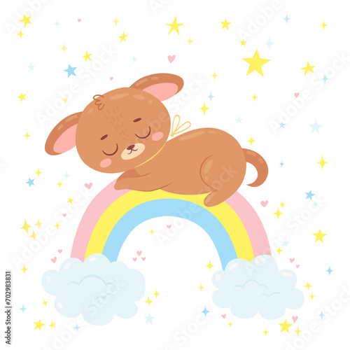 Cute puppy sleeping on the rainbow. Pretty animal character in a cartoon hand-drawn style with stars, hearts, clouds. Can be used for t-shirt print, nursery decorations, baby shower card, birthday