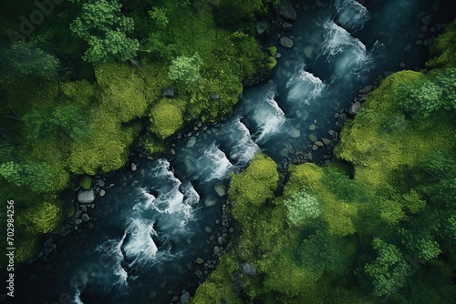 Top view of green forest and stream water