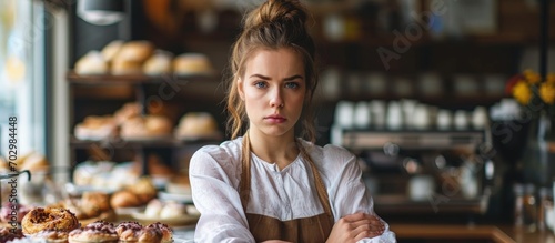 Skeptical young Caucasian woman disapproves of pastries for breakfast, with a nervous expression and crossed arms. photo
