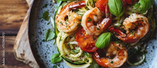 Horizontal top view of zucchini pasta, shrimp, and tomato on a plate. photo