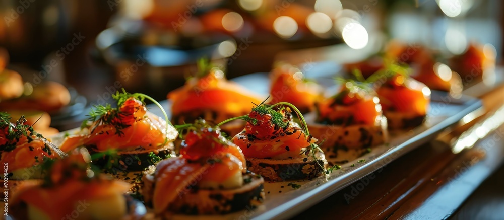 Salmon served in small portions for a catered event