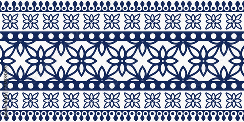 Traditional oriental ornament of India. Simple floral pattern, blue on a white background. For prints, pillows, cups, notepads, clothing, seamless materials.