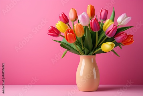Bouquet of colorful tulips in vase on pink background photo