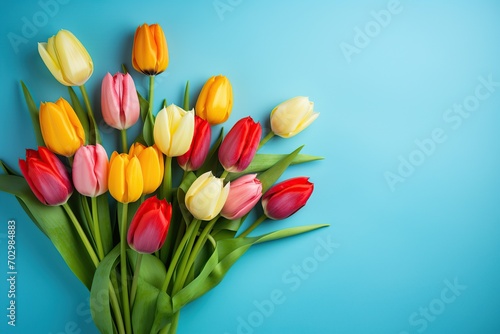 Bouquet of colorful tulips on blue background