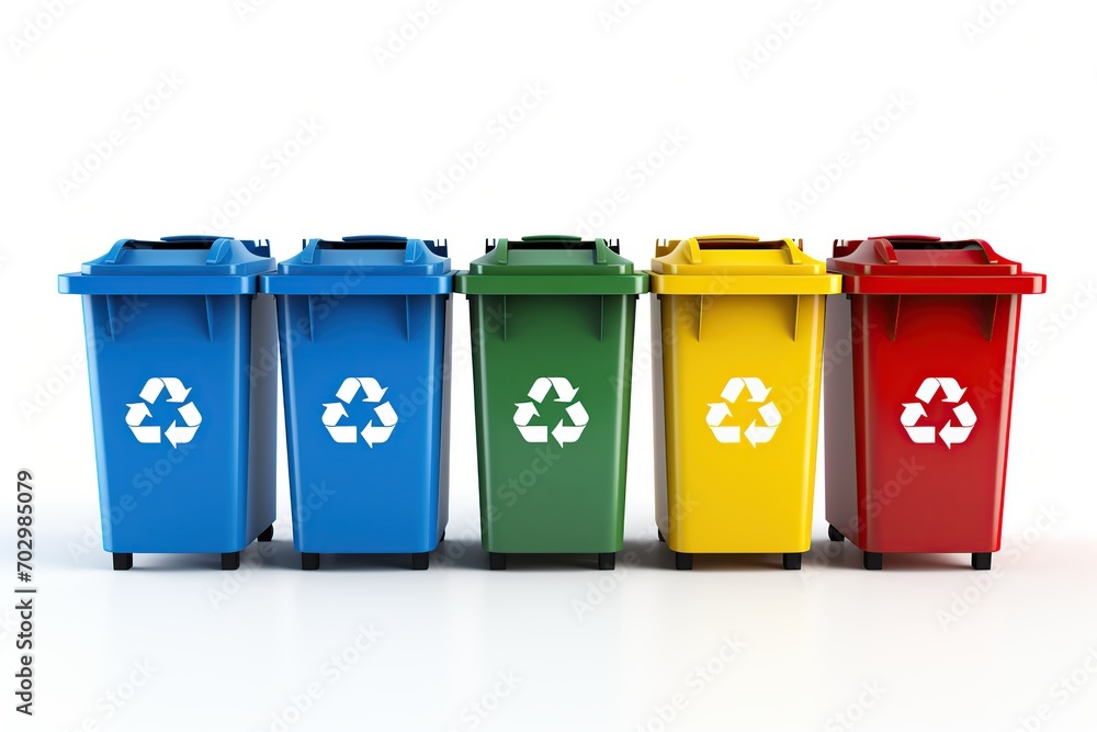 Colorful recycle bins with recycle symbol on white background Colorful recycle bins with recycle symbol on white background
