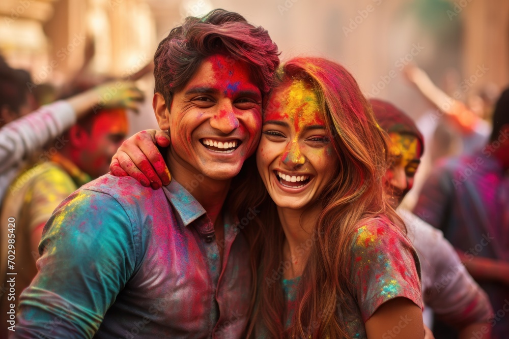 Couple with colorful faces enjoying Holi festival Couple with colorful faces enjoying Holi festival