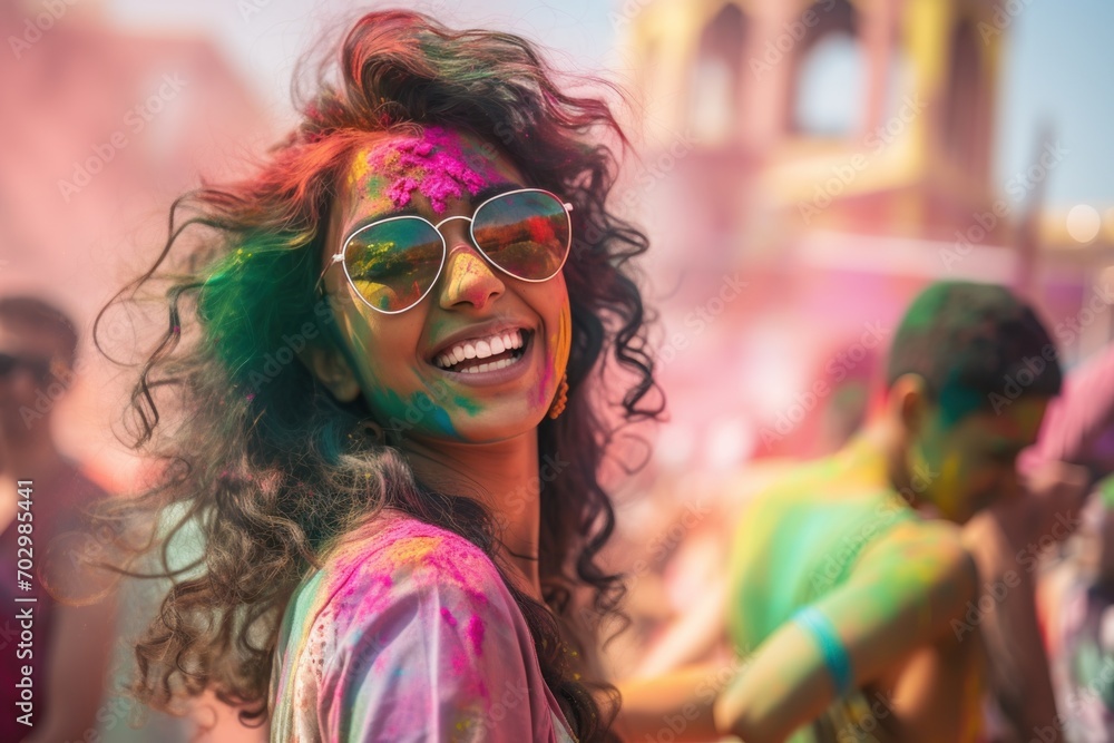 Cheerful woman with Holi paint and sunglasses enjoying festival