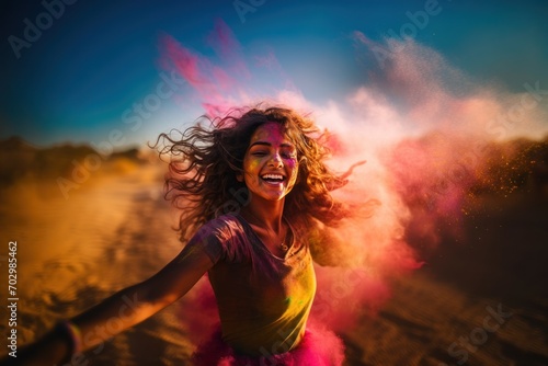 Exuberant woman enjoying Holi festival with colorful powder explosion