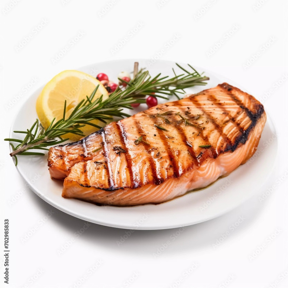 Grilled salmon steak on a white background, AI generator Grilled salmon steak on a white background, AI generator