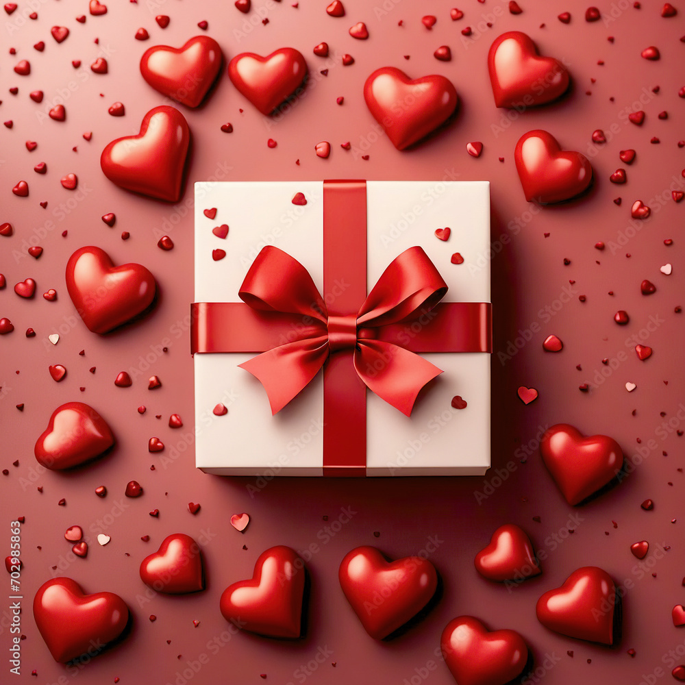 Gift or present box with red ribbon with red hearts on table top view. Valentine day festive background. Flat lay Gift or present box with red ribbon with red hearts on table top view. Valentine day festive background. Flat lay