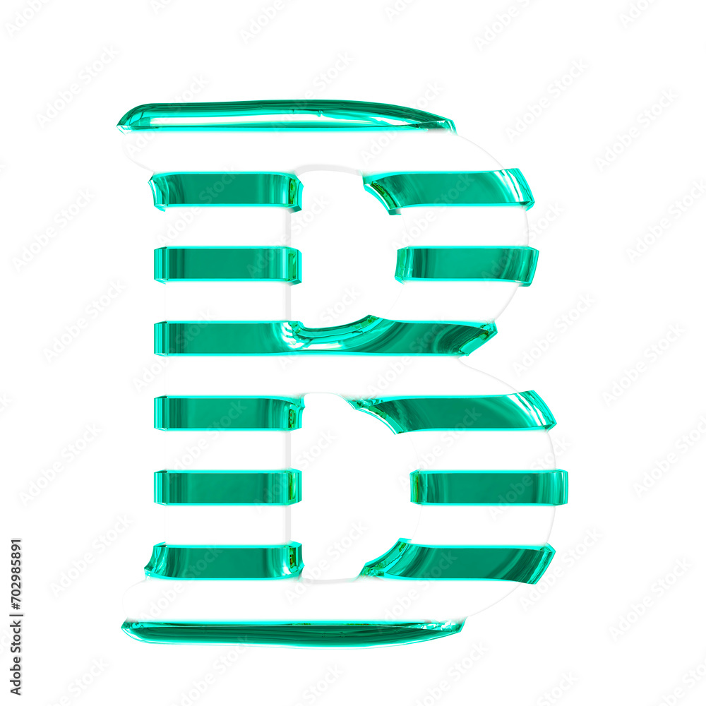White symbol with thin turquoise horizontal straps. letter b