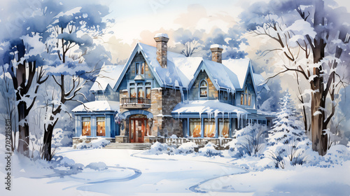 Enchanting watercolor illustration of a cozy beautiful house in a winter landscape