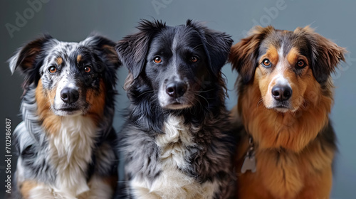 Portrait of three Australian Shepherd dogs in front of a grey background. 