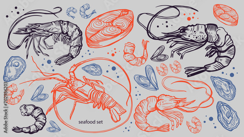 Hand drawn isolated vector set of seafood. Shrimps, langoustines, prawns, salmon, trout steak, oysters and mussels. Food vintage vector illustration on a white background.