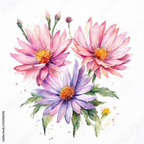 Flowers watercolor illustration. Bouquet of flowers. Spring  summer. Mother s Day  Birthday. Pink  purple  green colors. For printing on greeting cards  invitations  stickers.