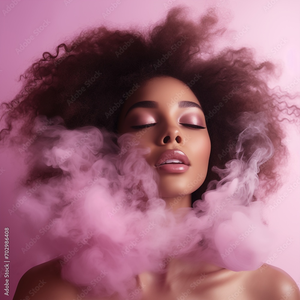  Portrait of a beautiful afro american girl with closed eyes in rapture surrounded by pink mist. The mist gently touches her skin. The pink mist symbolizes her feelings, the arrival of magical change.